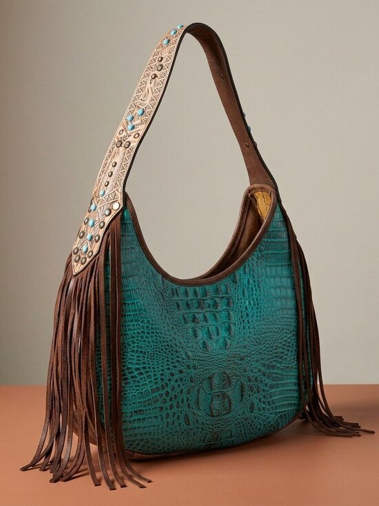 American Darling Handbags - American Darling Turquoise Croc Fringe Shoulder Bag